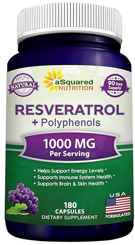 aSquared Nutrition Natural Resveratrol with Red Wine Extract - 180 Capsules - Trans Resveratrol Antioxidant Supplement Pills for Pure Heart Health - Extra Strength Trans-Resveratrol