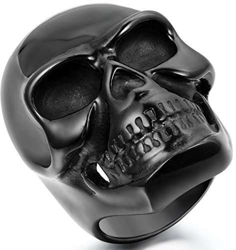 JewelryWe Schmuck Biker Herren-Ring, Edelstahl, Gotik Große Schwer Totenkopf Schädel, Schwarz - Größe 62