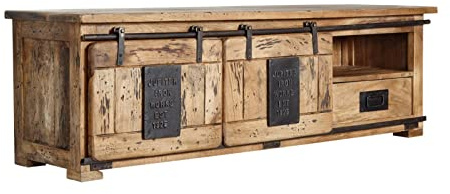 MASSIVMOEBEL24.DE TV-Board Mango Natur lackiert Railway #101 | 160x45x50 (BxTxH) 53 kg Industrial montiert vollmassiv