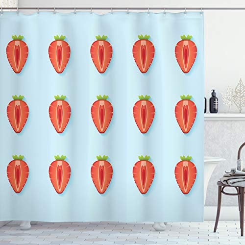 ABAKUHAUS Früchte Duschvorhang, Symmetrische Halbierte Erdbeere, Stoffliches Gewebe Badezimmerdekorationsset mit Haken, 175 x 220 cm, Dunkle Koralle Babyblau