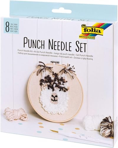 folia 23411 – punch needle set med fluffigt alpacka-motiv, 8 delar komplett set med broderiram, munktyg, punchnål, trähjälpmedel och ull
