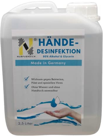 2,5 Liter Kanister Hand Desinfektionsmittel | in 100ml Lösung enthalten 83,33ml Alkohol (96,6%), 4,14ml Wasserstoffperoxid (3%), 1,45ml Glycerin (98%)
