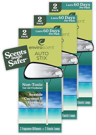 Enviroscent Non-Toxic* Car Air Freshener Auto Stix® - Fragrance Lasts Up to 180 Days - Includes Auto Stix® Diffusers & Elastic Loops - Mother’s Day Gift for Mom - Seaside Coconut & Verbena (Pack of 3)