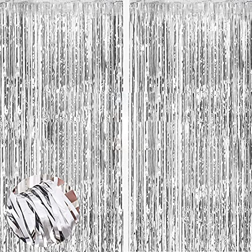 2 Stück Silber Lametta Vorhänge,Metallische Folie Fransen Vorhang Funkeln Vorhängen Dekoration für Geburtstagsfeier Abschlussfeier Hochzeitsfoto Hintergrund Weihnachten Disco Party(1m x 2m)