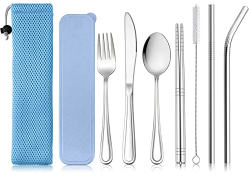 Haware 9 Piece Camping Cutlery Set, Stainless Steel Portable Flatware for 1, Reusable Knife, Fork, Spoon, Chopsticks, Cleaning Brush, Straws, Case& Bag, Camping/Travel/Picnic (Blue)