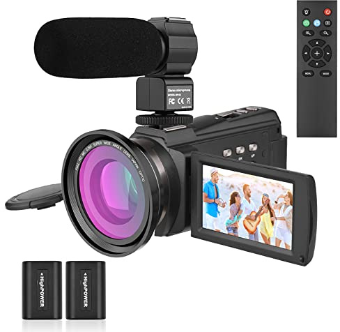 Andoer 4K/60FPS 48MP WiFi Ensemble de Caméra Vidéo Numérique 1 Caméscope Enregistreur + 1 Microphone + 1 Télécommande + 2 Piles + 1 Objectif de Caméra + 1 Poignée avec Zoom 16X 3 Pouces Écran Tactile