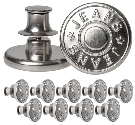 Justerbara byxknappar, 10-pack, Ø 20 mm jeansknappar i mässing, silverfärgade, justerbar midja, dra åt byxorna, stoppa in jeansknapp, jeansknapp med stift, byxknappar