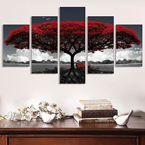 Rote Baum Leinwandbild 5 Teilig Wanddeko Bilder,Baum des Lebens Landschaft Leinwand Wandbild,Moderne HD Druck leinwand Ölgemälde Poster Kein Rahmen. (Rot Baum, S)