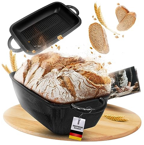 Der neue Gusseisen Topf zum Brot Backen von WARANO - 2 IN 1 Emaille Bräter mit Deckel für perfekte Kruste - 28cm - backofengeeignet - Brotbackform, Brotbacktopf, Brot Backen, mit Rezeptbuch (Schwarz)