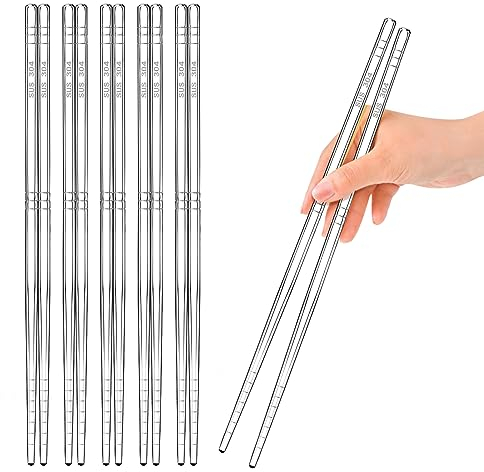 5 Pairs Quality Metal Chopsticks Reusable Dishwasher Safe, Silver Non-Slip Stainless Steel Chop Sticks Gift Set Mirror-Polished, Lightweight Easy-to-Use Chopsticks for Asian Dishes Noodles Dumplings