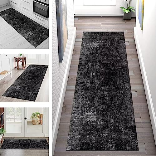 Teppich Läufer Flur Küche rutschfest waschbar Teppichläufer Lang 80X450CM Schwarz Dunkelgrau Küchenläufer Meterware Korridor Tepiche Kücheteppich Schlafzimmer Wohnzimmer Flurmatten Breit 40-120cm