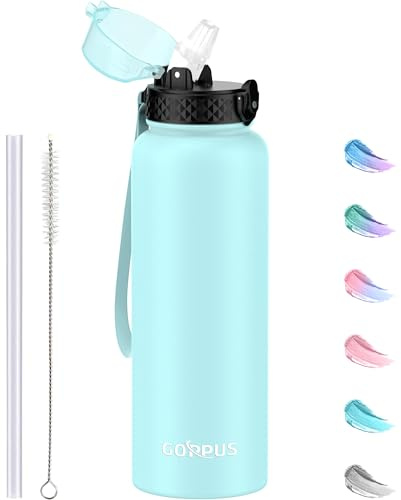 GOPPUS 1.2L/40oz Stainless Water Bottle with Straw Double Wall Insulated Bottles with Strap Large Vacuum Thermal Flask Leakproof Keep Cold Drinks Bottles with Flip Top Lid for Men Women BPA Free