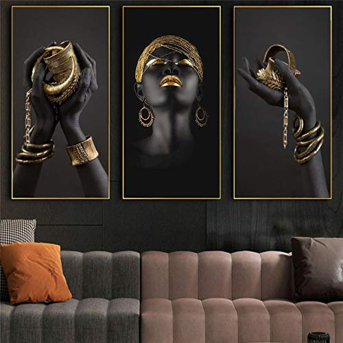 KEBIA Afrikanische Frau, Kunstgemälde an der Wand, Kunstposter und Drucke, schwarze Hände, die goldenen Schmuck halten, Leinwandbilder, Heimdekoration, 90 x 180 cm x 3, rahmenlos