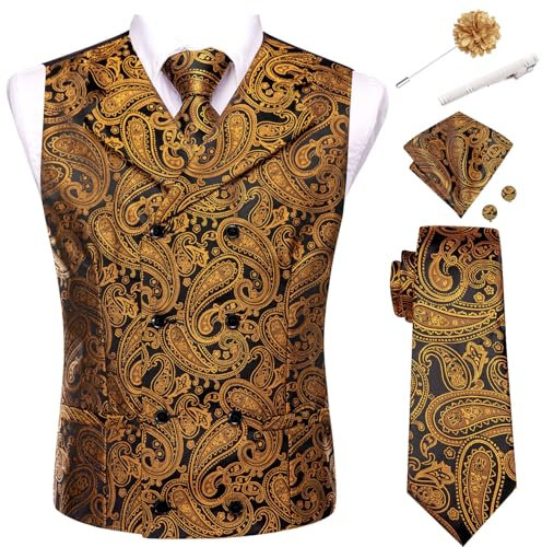 Hi-Tie Zweireihige Anzugweste für Herren, Paisleymuster, Blumenmuster, Krawatte, Anstecknadel, Taschentuch, Manschettenknöpfe, Krawattenklammer für Anzug, Smoking, 6 Stück, Dunkelbraunes schwarzes