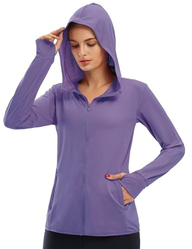 Libin Chaqueta Deportiva Mujer UPF 50 + Sudadera UV de Verano Protección Solar con Cremallera Completa Manga Larga Deportiva Surf Al Aire Libre a Pie con Bolsillo, Morado Claro, M