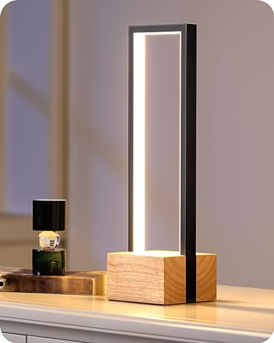EDISHINE Touch Bedside Lamp, Dimmable LED Table Lamp 3 Colour Temperatures, Modern Square Small Lamp for Bedroom Living Room, Wooden Base, Black Aluminum Frame