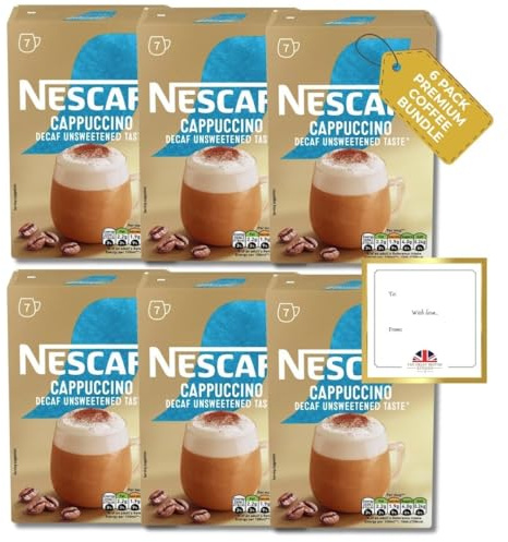 TGBK Decaf Instant Coffee Bundle - 6 Boxes of 7 Unsweetened Decaf Cappuccino Sachets Each (42 Total) - 0mg Caffeine per Serving