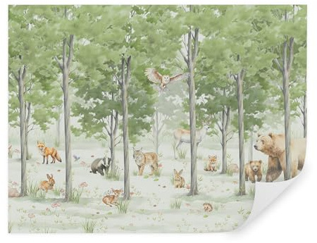 TAPEKO - Carta da Parati per Bambini, Fotomurali 400x280 cm, Foresta con Animali, Orso, Cervo, Volpe, Murale Fotografica per Cameretta, u97741