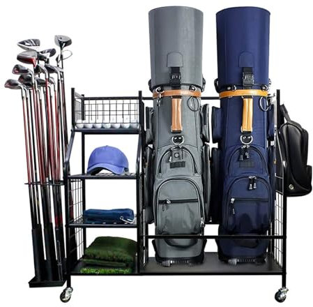 XPLKQXE Estante Almacenamiento Organizador Equipos Golf Metal, Soporte Almacenamiento Golf Extra Grande Garaje, Soporte Coche Sus Bolsas Golf Palos Bolas Gadgets (Color : Black, Tamaño : with Wheel