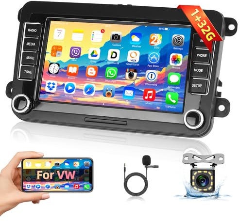 Podofo 1+32G Autoradio per VW Golf 5 6 Skoda Seat Auto Radio Android da 7 Pollici con Bluetooth, GPS Navi, WiFi, FM/RDS, USB Mirror Link per Android/IOS + Telecamera Posteriore
