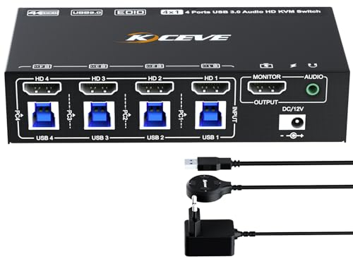 YOUTINGHDAV KVM Switch 4 PC 1 Monitor HDMI 8K@60Hz 4K@120Hz, KVM Switch 4 Port HDMI 2.1, EDID Emulator für 4 Desktop/Laptop Teilen Maus Tastatur, mit Wired Remote