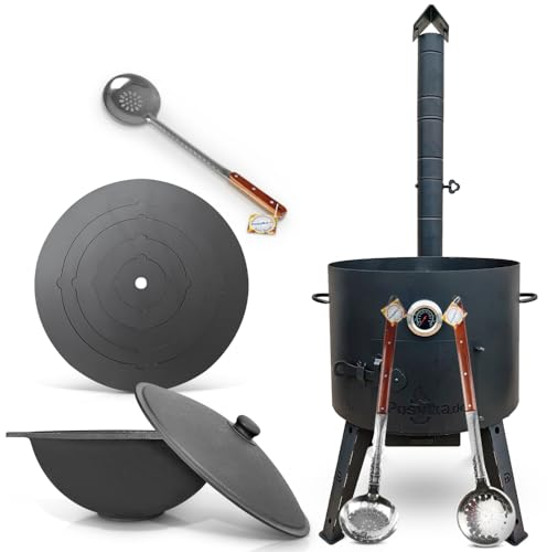 Utschak Uchag - Hornillo de fuego (49 cm de diámetro, 2 mm, acero, 4 mm, Kazan, 22 L, base plana con termómetro, espumadera para Plov Учак Учаг Uchag Asia казан (Set 535)