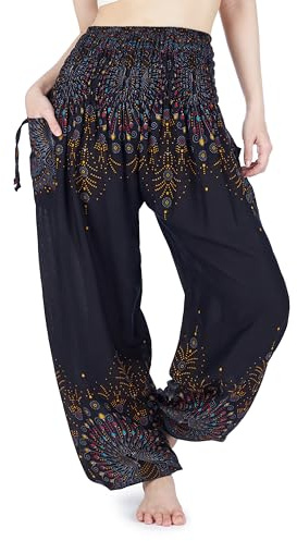 Lannaclothesdesign Pantalones harem para mujer, cintura alta, bohemios, pantalones de yoga con bolsillos, ropa hippie bohemia, Negro Fw, XXL
