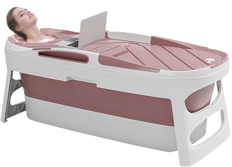 Warmiehomy Portable Foldable Bathtub Adult, 113cm Plastic Folding Bathtub | Free Standing Soaking & Ice Bath, Massage Sweat Steaming Bathtub with Lid, Family Soaking Bath Tub for Adults Children, Pink.