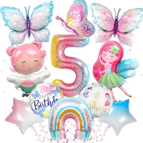 Schmetterling 5. Geburtstag Luftballon Deko für Mädchen - Feen Dekoration Set mit Folienballon 5, Eelfen und Feen Ballon, Deko 5 Jahre