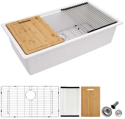 Fulorni 30x19 Granite Composite Kitchen Sink - White Undermount Ledge Workstation Quartz Classic Under Counter Single Bowl Basin