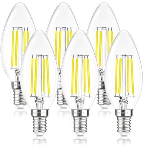 Liuyife Lampadina Filamento LED E14 C35 4W, 400LM, Bianco Freddo 6500K, 4W Equivalenti 40W, E14 Lampadina Candela, non Dimmerabile, Confezione da 6