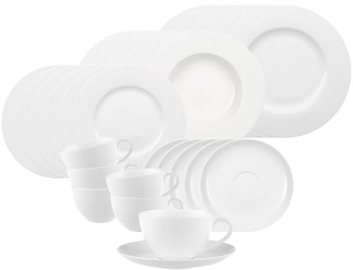 Villeroy & Boch Anmut Service de table 30 pièces | Assiettes à soupe, assiettes à dessert et tasses à café avec soucoupes pour 6 personnes, service de table au design classique, porcelaine d'os de