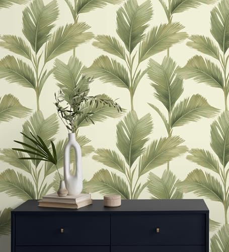 GAULAN 683588 - Papel pintado hojas de palma tropical color verde sobre fondo beige claro mate para pared salón dormitorio pasillo comedor - Rollo de 10 m x 0,53 m