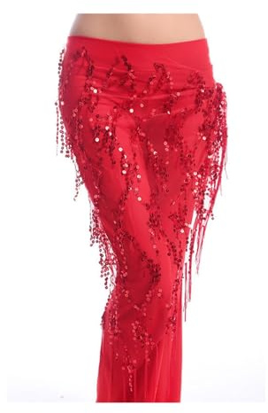 Skdvy Bauchtanz Hüftschal,Bauchtanz Hüfttuch aus Chiffon Bauchtanz Kleidung Zubehör Dehnbar Langer Quaste Dreieck Gürtel Hand Häkeln Bauchtanz Hüfte Schal(Red)
