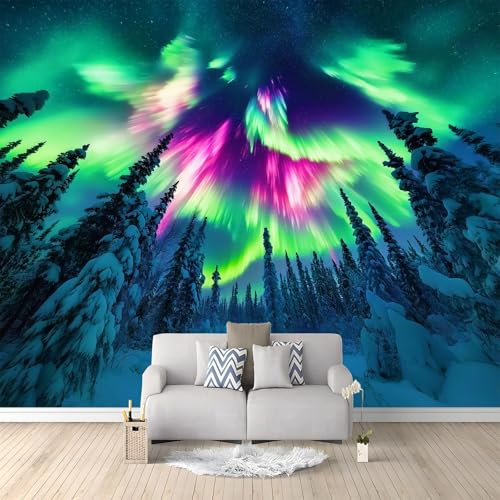 Generisch Fantasie Naturlandschaft Polarlicht Schnee Panorama Tapete, Grün Vliestapete Bild Dekoration Wand-Dekor für Wohnzimmer Schlafzimmer Kinderzimmer Wanddekoration, 3D Wandbild (250 x 175 cm)