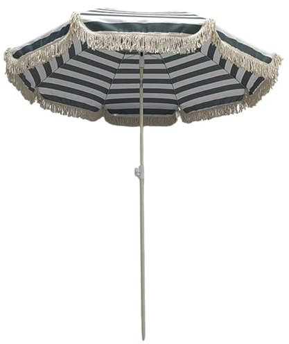 Parasol de Plage À Rayures Vertes Blanches avec Franges, Parasol de Jardin Inclinable UPF50+ avec Système Push-Lock, sans Base