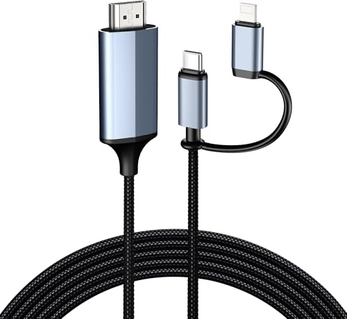 2-in-1 Lightning & Typ C zu HDMI Kabel 4m, HDMI Kabel für iPhone, Duale Schnittstelle für alle iPhones (16/15/14/13/Pro/Max) & iPad Pro/Air/Mini, Sync Video und Sound(Nicht für Laptops oder Android)