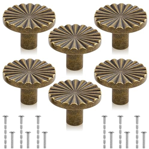 6 Pack Cabinet Knobs, Antique Brass Kitchen Cabinet Handles Cupboard Door Knobs Drawer Handle Pulls Dresser Wardrobe Knob with Screws Set for Cupboard Dresser Wardrobe Drawers Jewelry Boxes