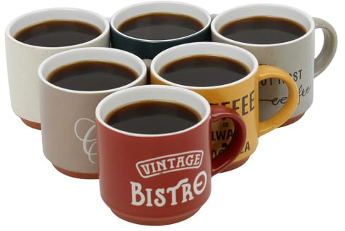 URBNLIVING 6-Piece Stoneware Coffee Mug Set, Vintage Cafe Style Cups in Assorted Colours, Retro Tea & Espresso Mugs, Dishwasher & Microwave Safe, Ideal for Home or Office, 120ml & 260ml Options