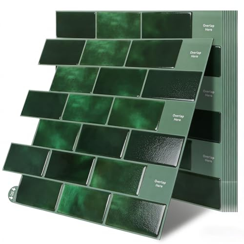 CYEER 10 Stück Klebefliesen Küche Grün - 30,5 x 30,5 cm Fliesenaufkleber Bad - 1,2mm Dicke 3D Effekt Küchenrückwand Selbstklebend - Modernes Metrofliesen Design für Spritzschutz & Renovierung
