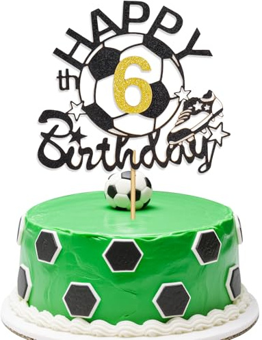 Football Happy 6th Birthday Cake Topper, Glitter Gold Number 6 Soccer Cake Toppers Decoration for Kids Boys’ Sports Theme Party Supplies