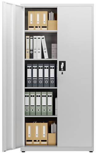 LAND·VOI Stahlschrank 5 Ebenen mit Schloss verstellbare Einlegeböden Doppeltüren Aktenschrank Werkzeugschrank für Büro Garage Haushalt Werkstatt 80x40x181.5 cm Hellgrau