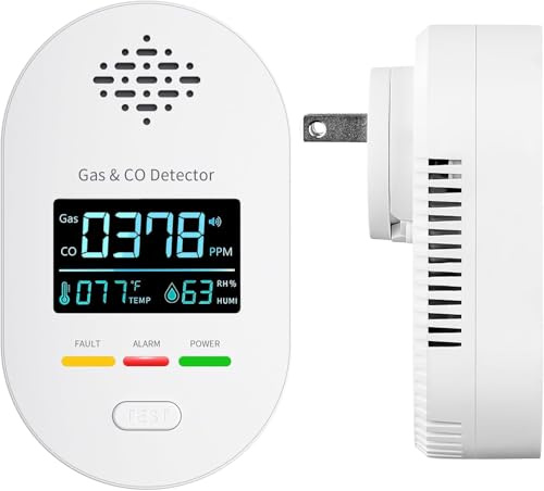 Kohlenmonoxid-Melder mit Stecker, 4-in-1 CO-Melder Gas Melder mit Temperatur- & Luftfeuchtigkeitssensor, mit akustischem Alarm für CO – geeignet für Haus & Wohnmobil (1, Weiß)