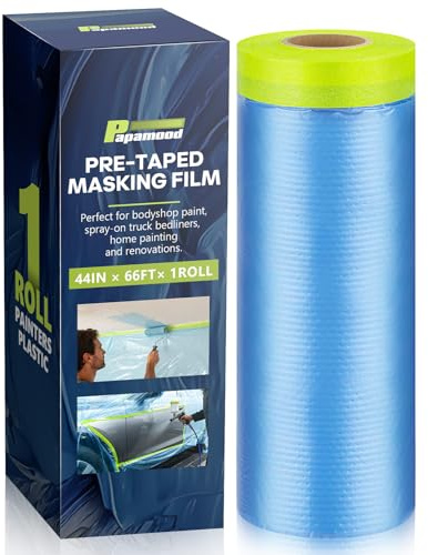 Pre-Taped Masking Film for Painting(1 Roll) - 44 x 66'Painters Plastic Sheeting with Tape and Drape, Painters Drop Cloth for Automotive & Home, Cover for Walls/Floors/Windows/Cars Protection