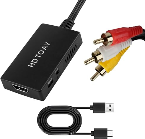 AV to HDMI Converter, Male RCA to HDMI Adapter with USB Power Cable, 720P/1080P RCA Composite CVBS to Digital Output for PS2 PS3 Xbox STB VCR Blu-ray DVD Players, Full HD Support, PAL NTSC Compatible