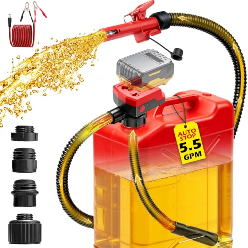 5.5 GPM Cordless Fuel Transfer Pump with Auto Shut-Off & Beep Alert, 57Hose & 4Adapters, Compatible with DeWalt 20V & Milwaukee 18V Batteries, Portable Gas Can Pump for Gasoline andDiesel(Bare Tool)
