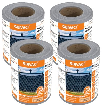 GUIVACI PVC Sichtschutzstreifen 4er-Set, 35 m x 19 cm Graue Zaunfolie, Sicht- & Windschutz mit 30 Befestigungsclips, 450 g/m², passend für Doppelstabmatten, Gartenzaun und Balkon