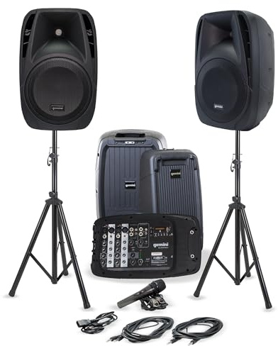 Gemini Portable PA System Bundle with Stands – 6-Channel Powered Mixer, Dual 10 Speakers, Wired Mic & Cables – Bluetooth Music Streaming for DJs, Karaoke & Small Events (ES-210MXBLU-ST)