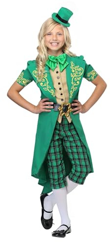 Fun Costumes Girls Charming Leprechaun Costume, St. Patricks Day Outfit For Kids With Tailcoat Jacket, Pants, Belt, Socks, Scarf, And Hat - Green, X-Large