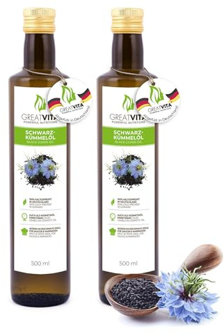 GreatVita Schwarzkümmelöl 2x 500 ml - 100% rein, kaltgepresst, gefiltert, Vielseitig für Küche und Hautpflege, Frei von Zusatzstoffen - Aufdruck kann variieren
